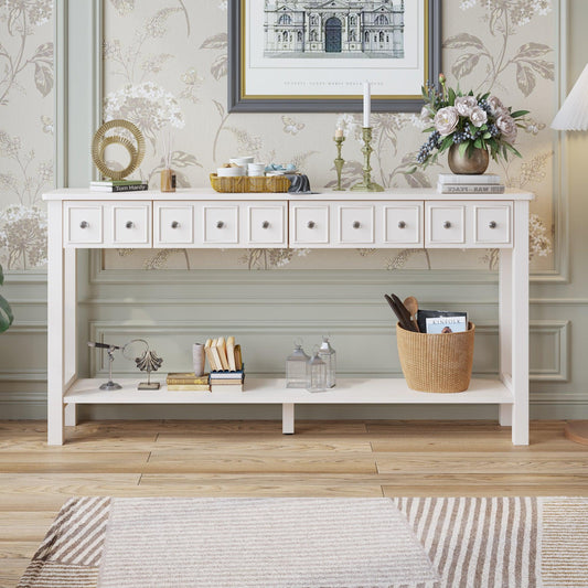 AH-DECOR White Console Table With Drawers Bottom Shelf Storage