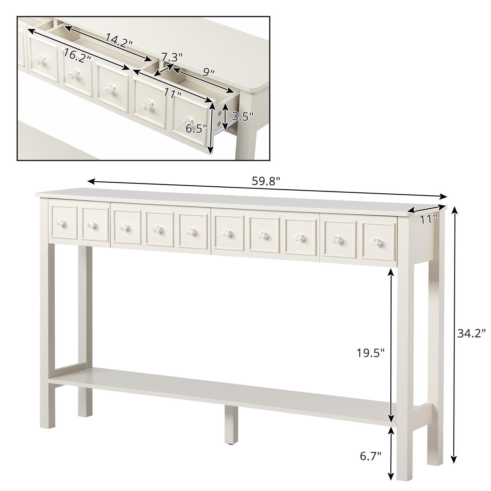 AH-DECOR White Console Table With Drawers Bottom Shelf Storage