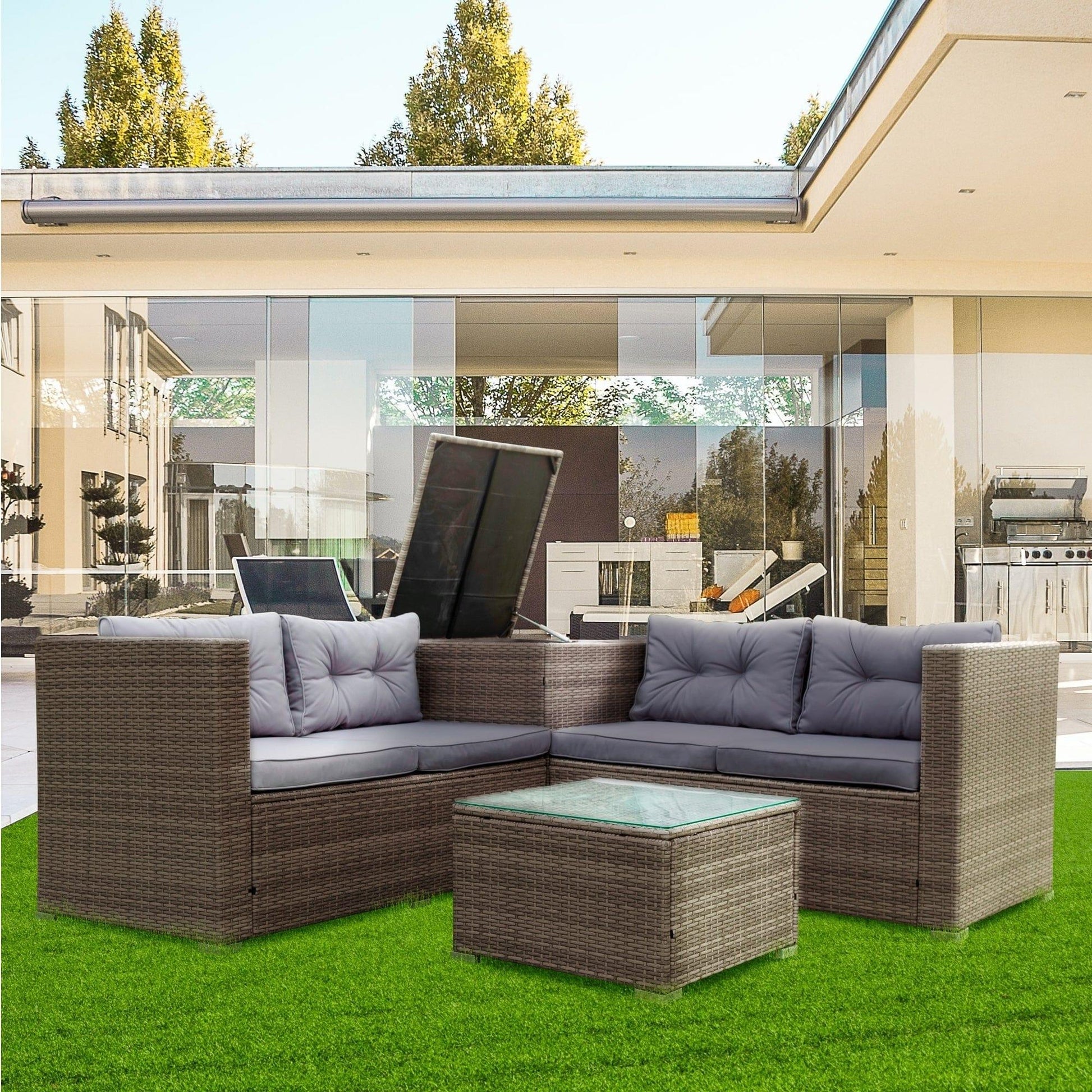 AHDECOR Patio Furniture Sets 4 Pieces Patio Sectional Wicker Rattan Outdoor Furniture Sofa Set with Storage Box Grey