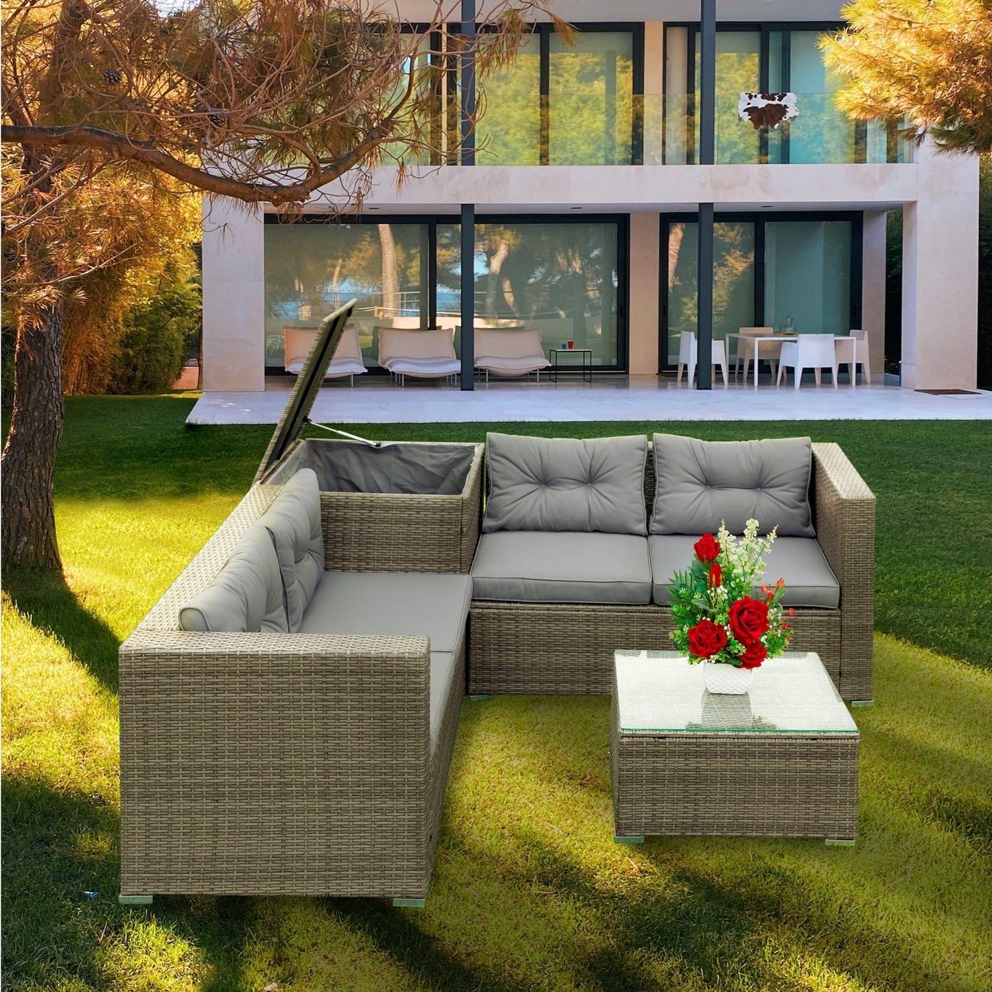 AHDECOR Patio Furniture Sets 4 Pieces Patio Sectional Wicker Rattan Outdoor Furniture Sofa Set with Storage Box Grey