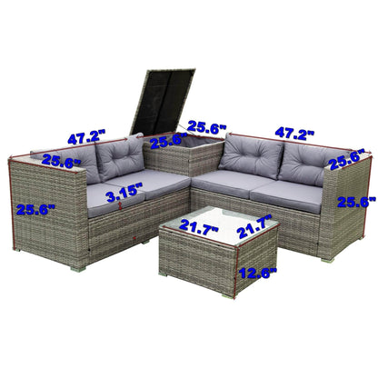 AHDECOR Patio Furniture Sets 4 Pieces Patio Sectional Wicker Rattan Outdoor Furniture Sofa Set with Storage Box Grey