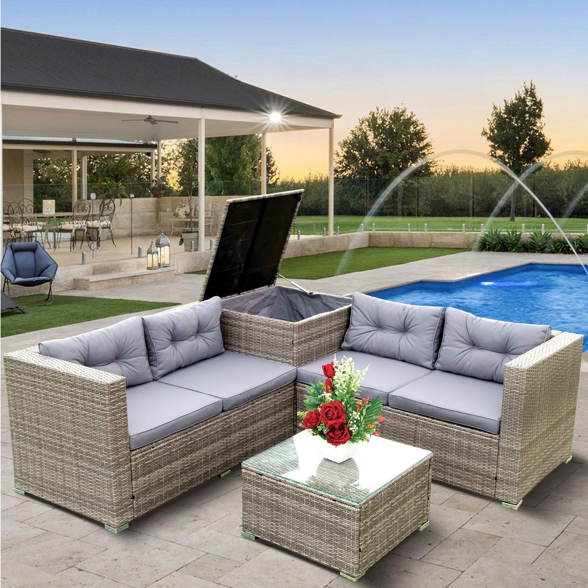 AHDECOR Patio Furniture Sets 4 Pieces Patio Sectional Wicker Rattan Outdoor Furniture Sofa Set with Storage Box Grey