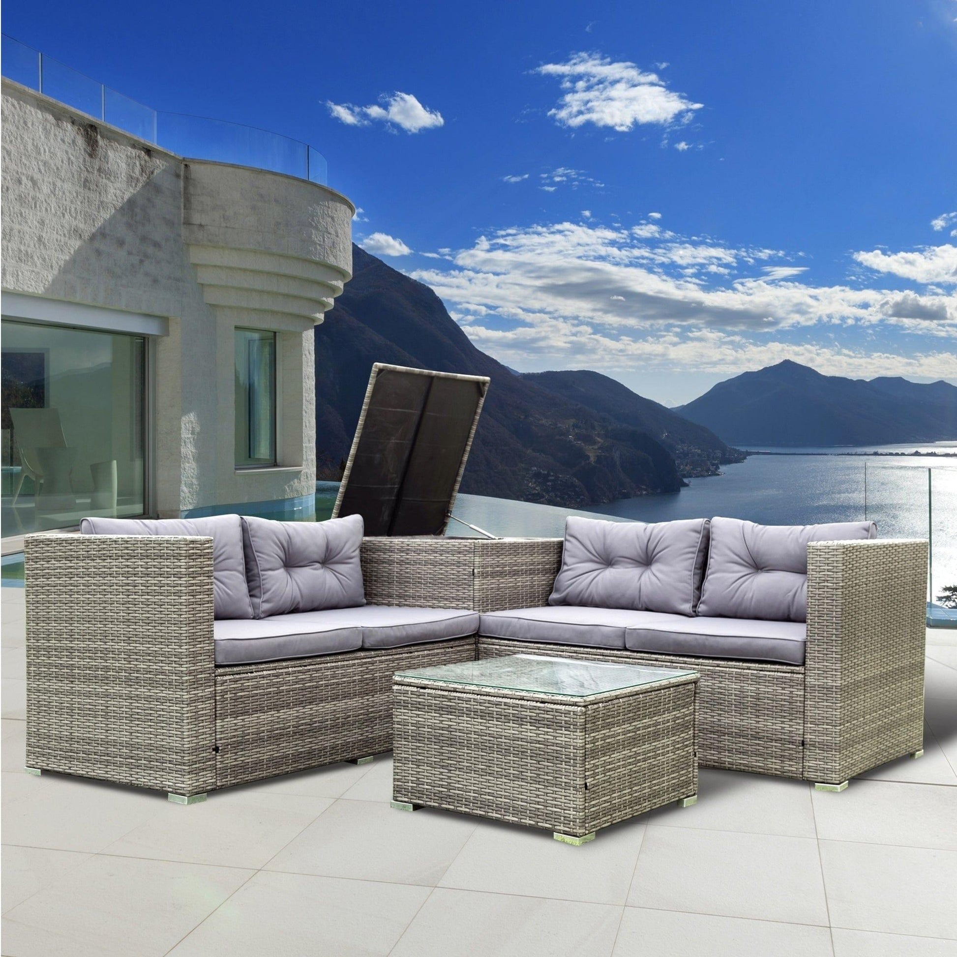 AHDECOR Patio Furniture Sets 4 Pieces Patio Sectional Wicker Rattan Outdoor Furniture Sofa Set with Storage Box Grey