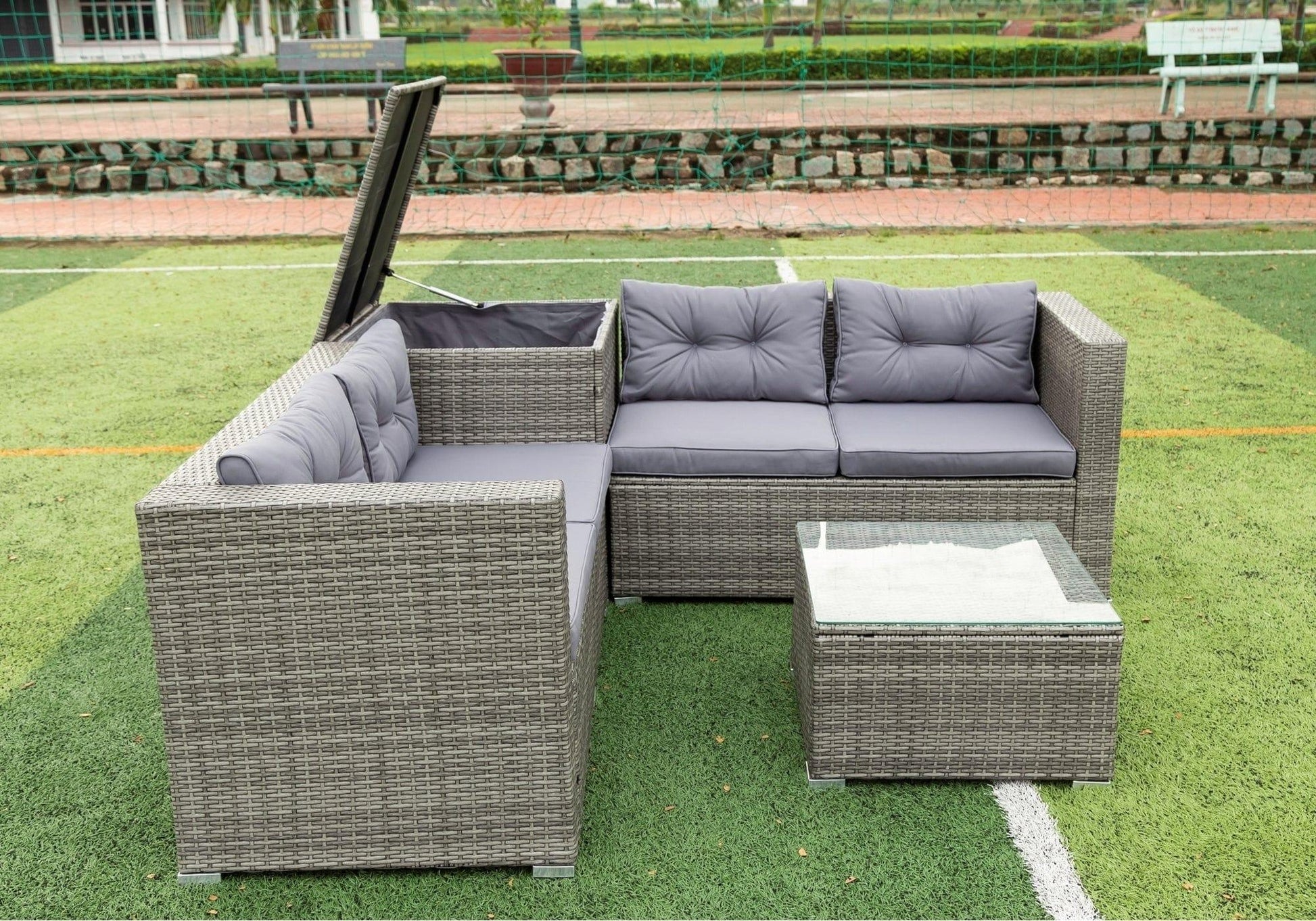 AHDECOR Patio Furniture Sets 4 Pieces Patio Sectional Wicker Rattan Outdoor Furniture Sofa Set with Storage Box Grey