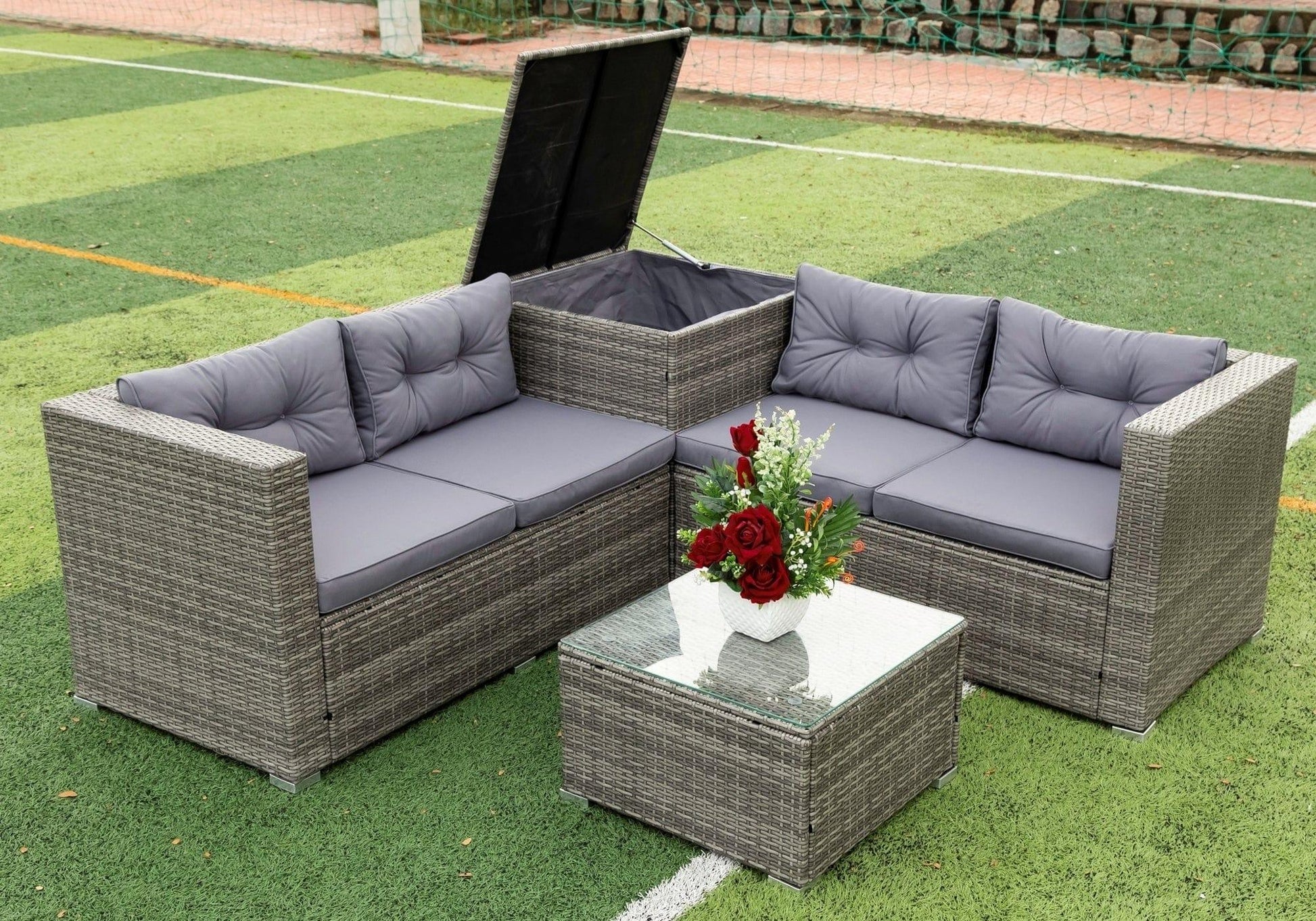 AHDECOR Patio Furniture Sets 4 Pieces Patio Sectional Wicker Rattan Outdoor Furniture Sofa Set with Storage Box Grey