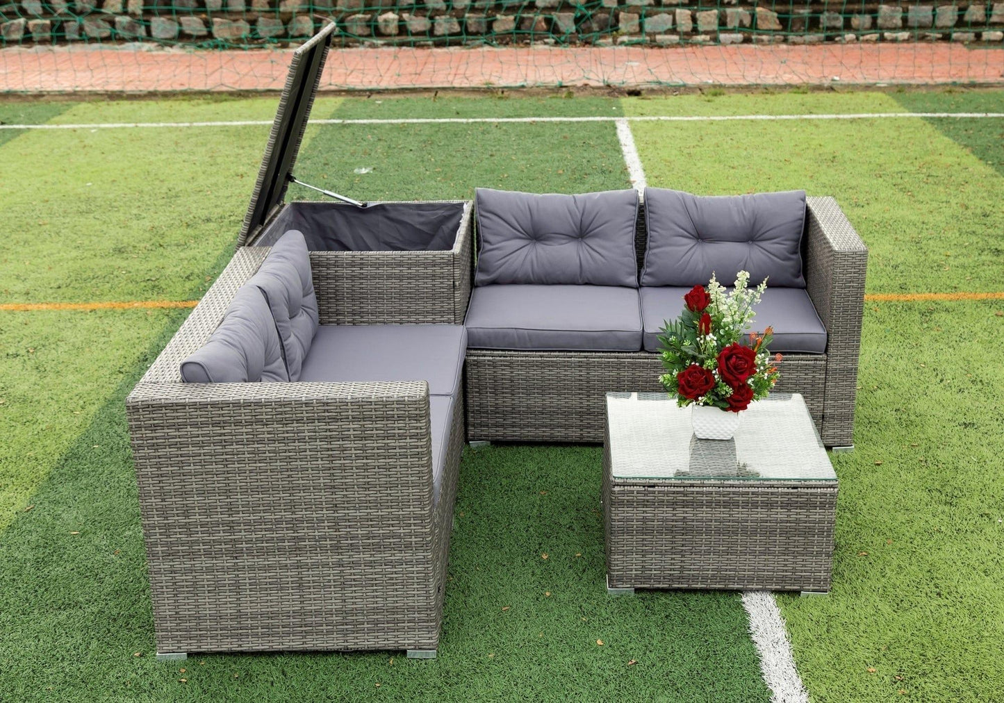 AHDECOR Patio Furniture Sets 4 Pieces Patio Sectional Wicker Rattan Outdoor Furniture Sofa Set with Storage Box Grey