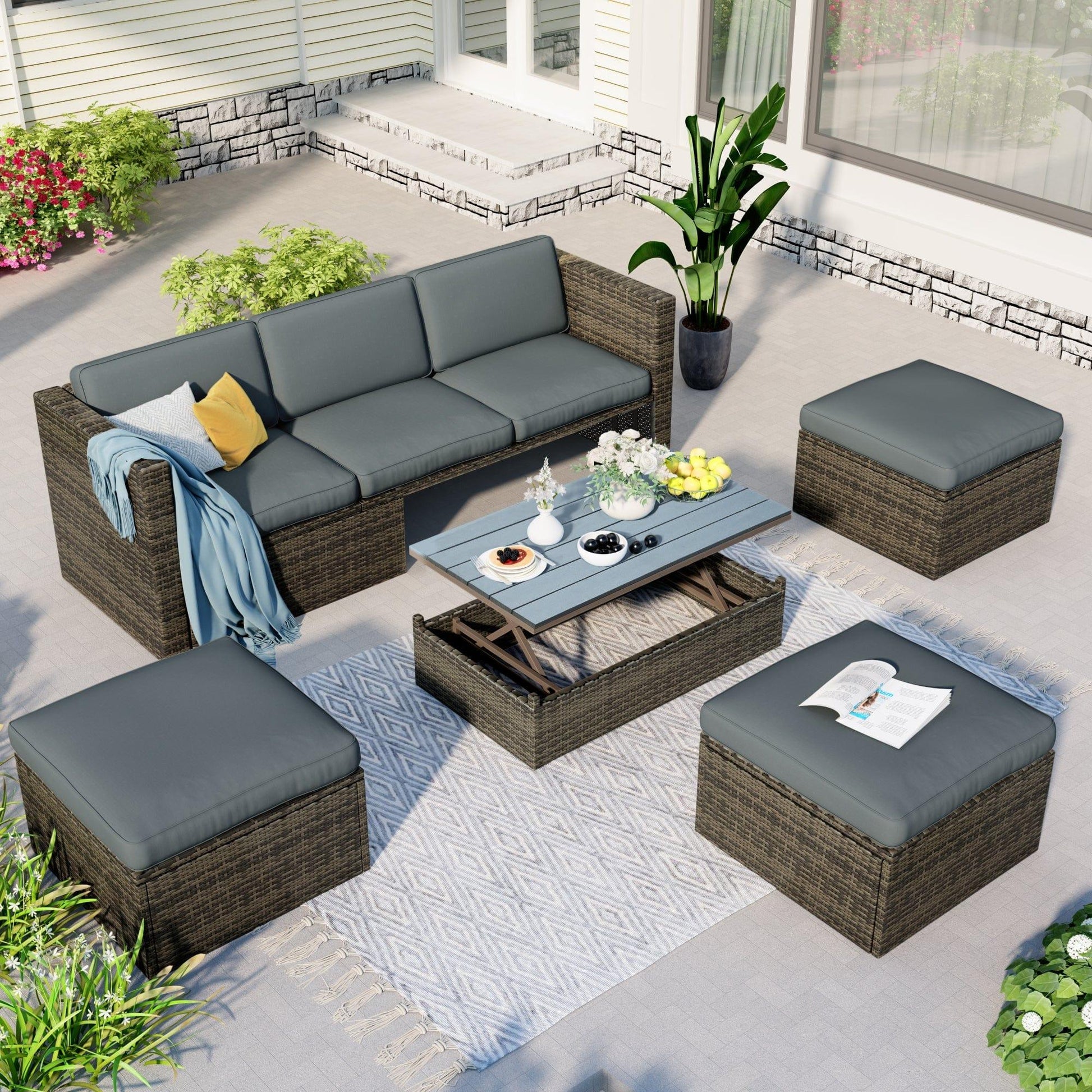 AH-DECOR Patio Furniture Sets Patio Furniture Sets, 5-Piece Patio Wicker Sofa with Adjustable Backrest, Cushions, Ottomans and Lift Top Coffee Table