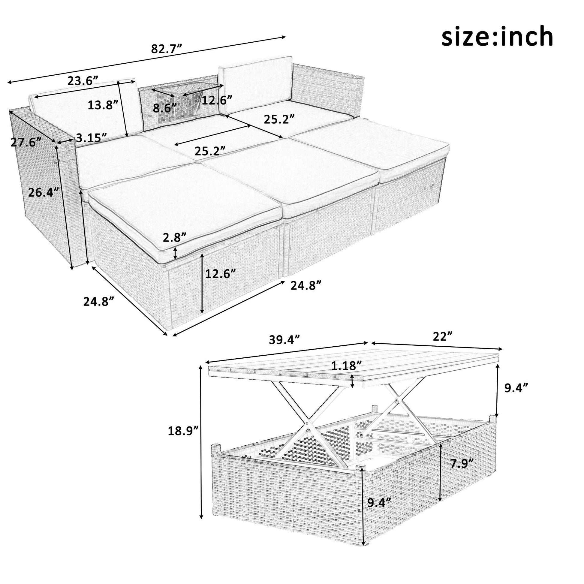 AH-DECOR Patio Furniture Sets Patio Furniture Sets, 5-Piece Patio Wicker Sofa with Adjustable Backrest, Cushions, Ottomans and Lift Top Coffee Table