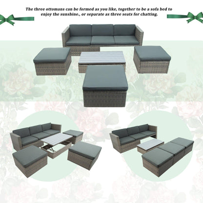 AH-DECOR Patio Furniture Sets Patio Furniture Sets, 5-Piece Patio Wicker Sofa with Adjustable Backrest, Cushions, Ottomans and Lift Top Coffee Table