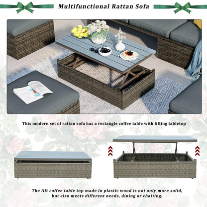 AH-DECOR Patio Furniture Sets Patio Furniture Sets, 5-Piece Patio Wicker Sofa with Adjustable Backrest, Cushions, Ottomans and Lift Top Coffee Table