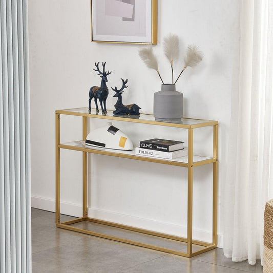 Ahdecor sofa table Gold Colored Metal Console Table with Shelves for Storage