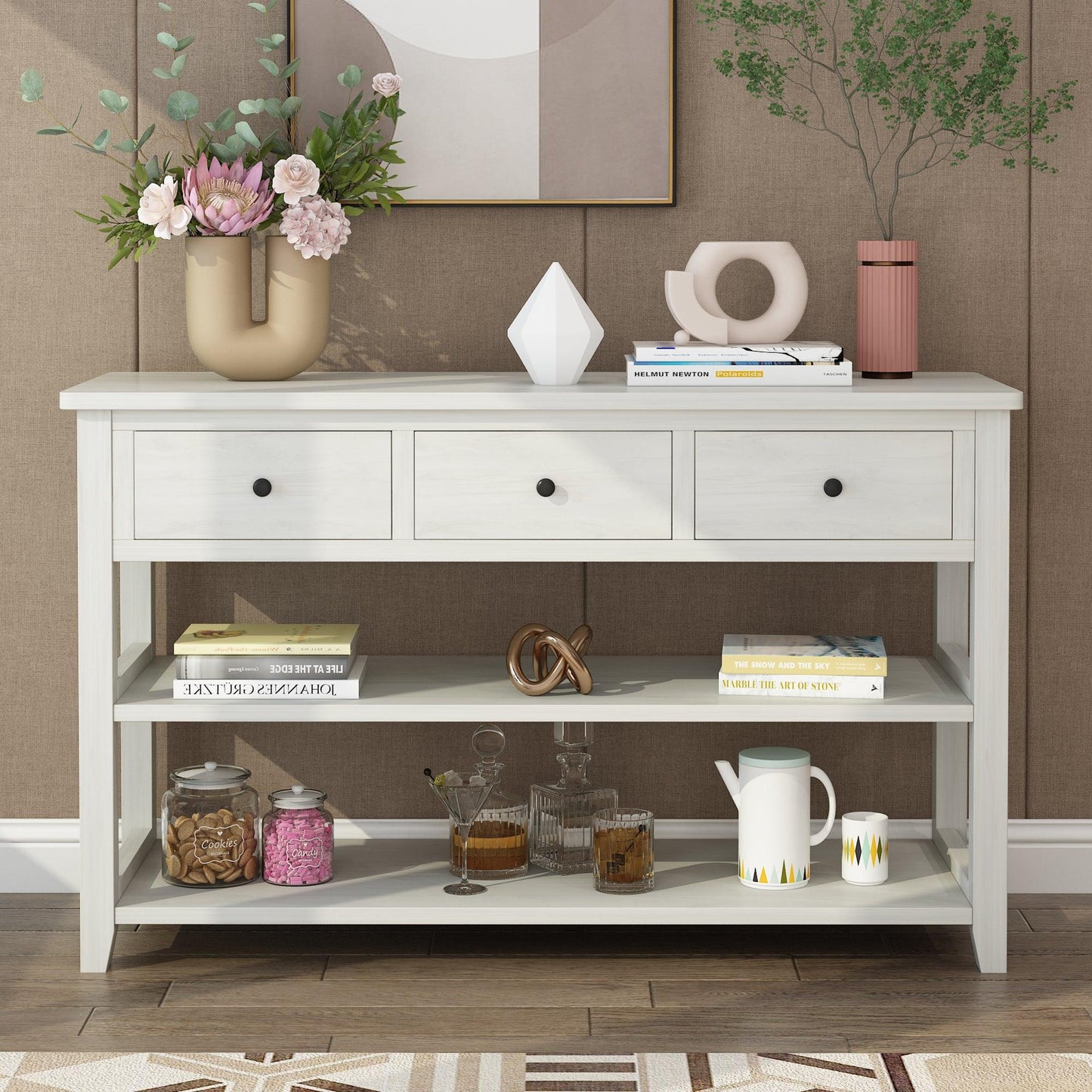 AH-DECOR Sofa Tables Console Table with Wood Frame and Legs, Sofa Table Entryway Table with 3 Drawers and 2 Open Shelves Antique White