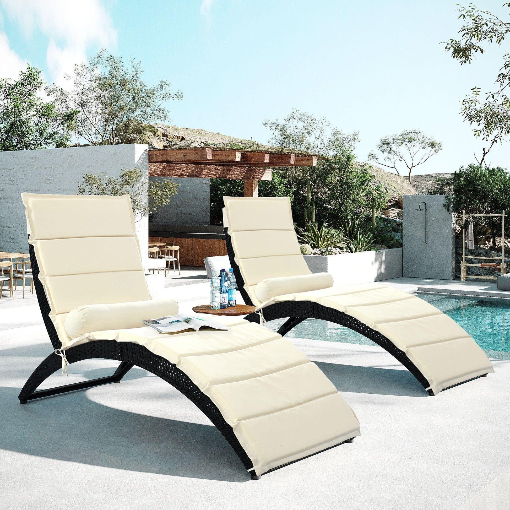 AH-DECOR Sun Lounger Patio Wicker Sun Lounger, PE Rattan Foldable Chaise Lounger with Removable Cushion and Bolster Pillow, Black Wicker and Beige Cushion (2 sets)