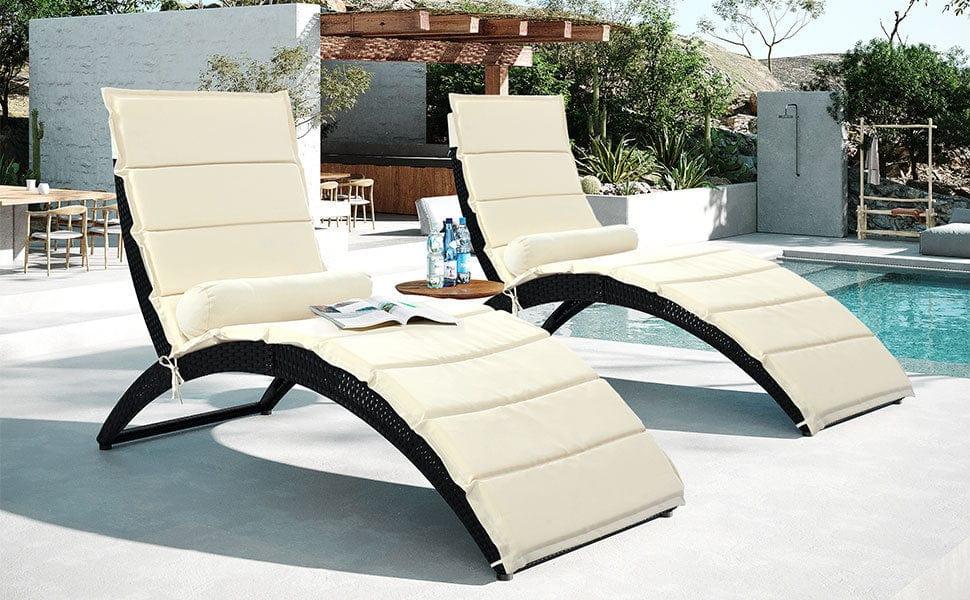 AH-DECOR Sun Lounger Patio Wicker Sun Lounger, PE Rattan Foldable Chaise Lounger with Removable Cushion and Bolster Pillow, Black Wicker and Beige Cushion (2 sets)