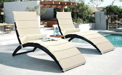 AH-DECOR Sun Lounger Patio Wicker Sun Lounger, PE Rattan Foldable Chaise Lounger with Removable Cushion and Bolster Pillow, Black Wicker and Beige Cushion (2 sets)