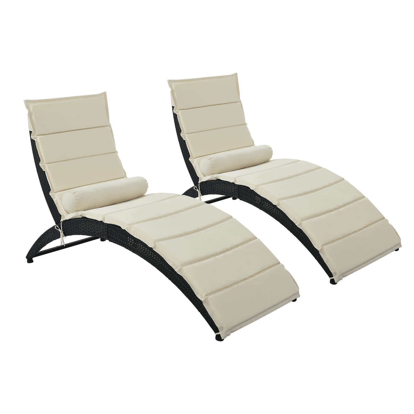 AH-DECOR Sun Lounger Patio Wicker Sun Lounger, PE Rattan Foldable Chaise Lounger with Removable Cushion and Bolster Pillow, Black Wicker and Beige Cushion (2 sets)