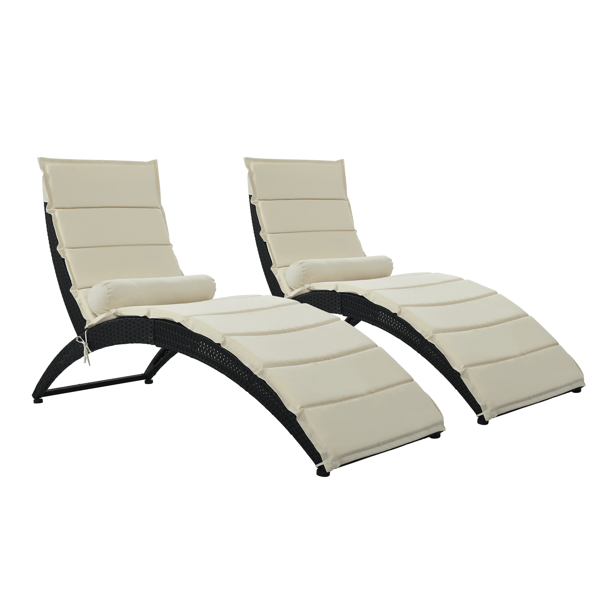 AH-DECOR Sun Lounger Patio Wicker Sun Lounger, PE Rattan Foldable Chaise Lounger with Removable Cushion and Bolster Pillow, Black Wicker and Beige Cushion (2 sets)