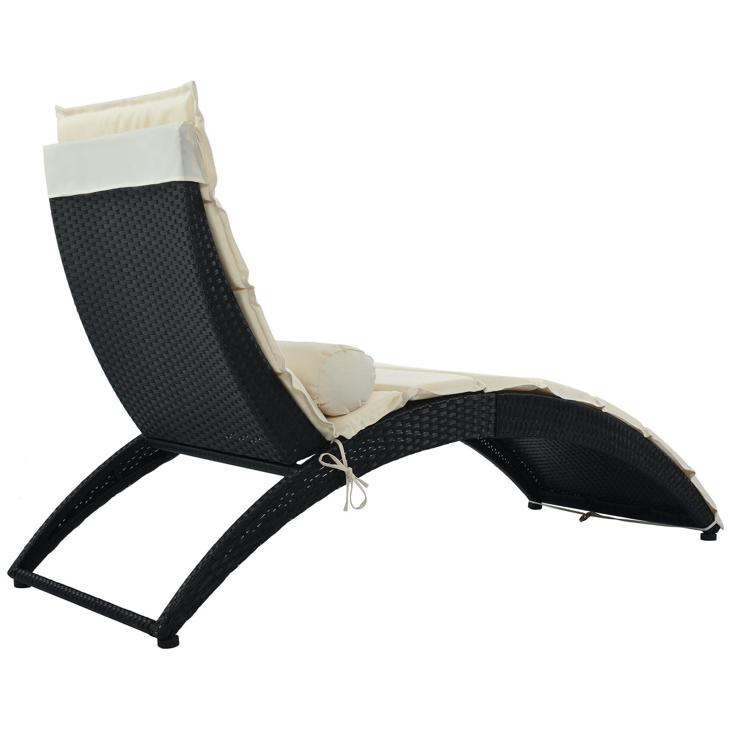 AH-DECOR Sun Lounger Patio Wicker Sun Lounger, PE Rattan Foldable Chaise Lounger with Removable Cushion and Bolster Pillow, Black Wicker and Beige Cushion (2 sets)