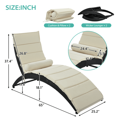 AH-DECOR Sun Lounger Patio Wicker Sun Lounger, PE Rattan Foldable Chaise Lounger with Removable Cushion and Bolster Pillow, Black Wicker and Beige Cushion (2 sets)