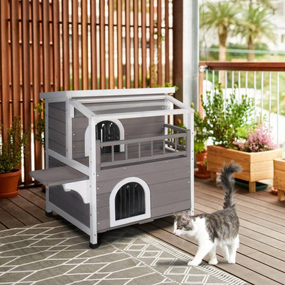 AHDECOR Wooden Cat house Wooden Cat house 2-Story Indoor Outdoor Luxurious Cat Shelter House with Transparent Canopy, Large Balcony, Openable Weatherproof Roof,Double escape door, Grey&White