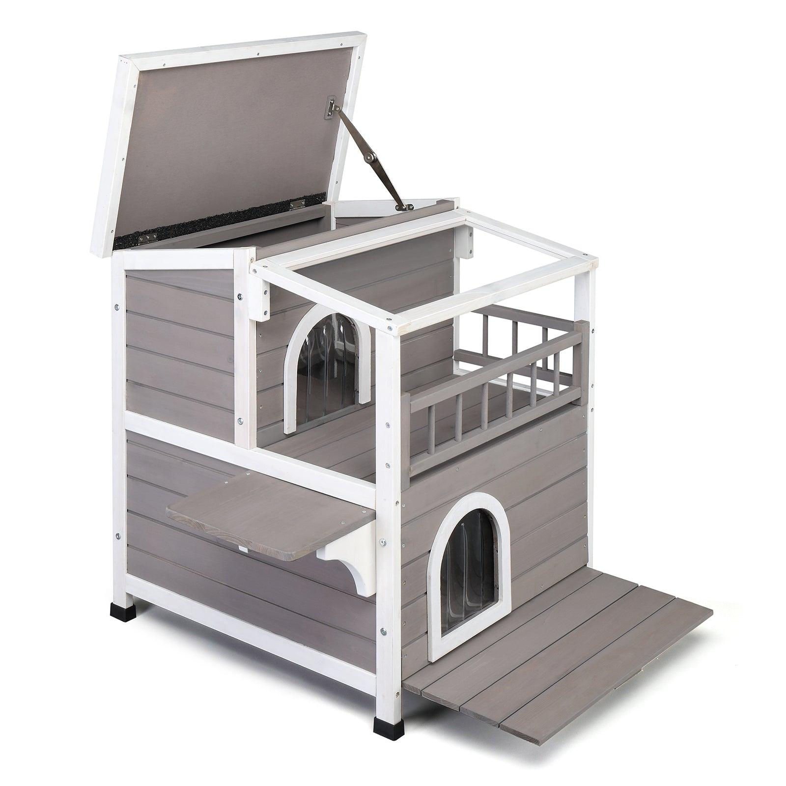 AHDECOR Wooden Cat house Wooden Cat house 2-Story Indoor Outdoor Luxurious Cat Shelter House with Transparent Canopy, Large Balcony, Openable Weatherproof Roof,Double escape door, Grey&White