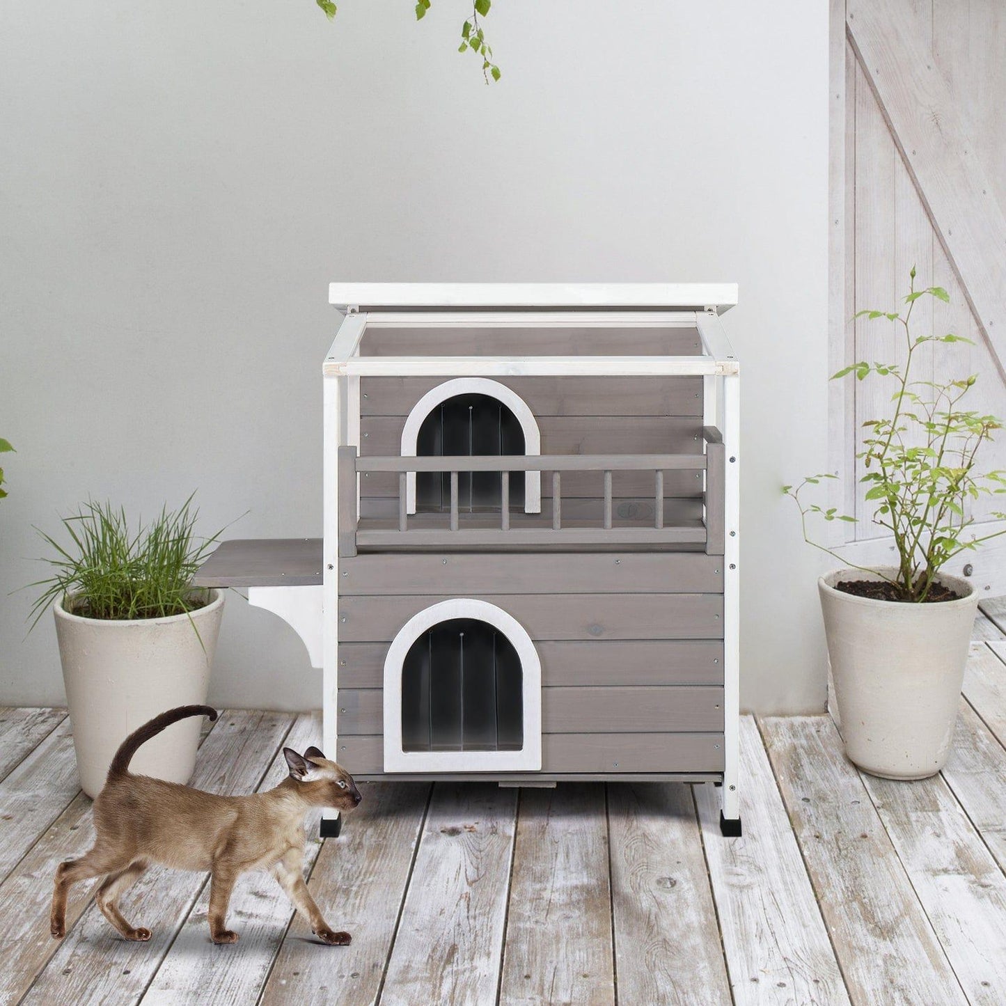 AHDECOR Wooden Cat house Wooden Cat house 2-Story Indoor Outdoor Luxurious Cat Shelter House with Transparent Canopy, Large Balcony, Openable Weatherproof Roof,Double escape door, Grey&White