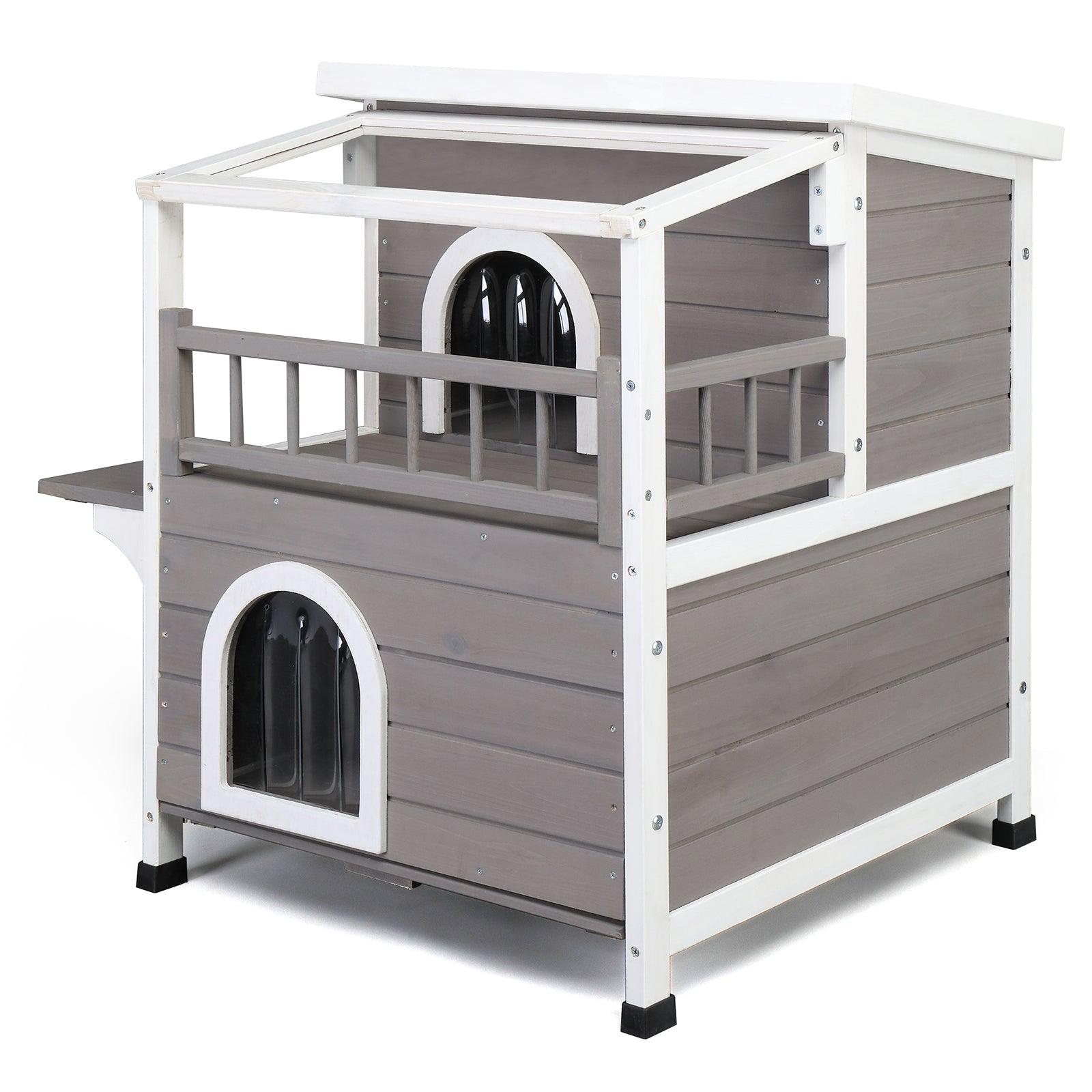 AHDECOR Wooden Cat house Wooden Cat house 2-Story Indoor Outdoor Luxurious Cat Shelter House with Transparent Canopy, Large Balcony, Openable Weatherproof Roof,Double escape door, Grey&White