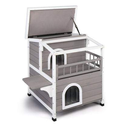 AHDECOR Wooden Cat house Wooden Cat house 2-Story Indoor Outdoor Luxurious Cat Shelter House with Transparent Canopy, Large Balcony, Openable Weatherproof Roof,Double escape door, Grey&White