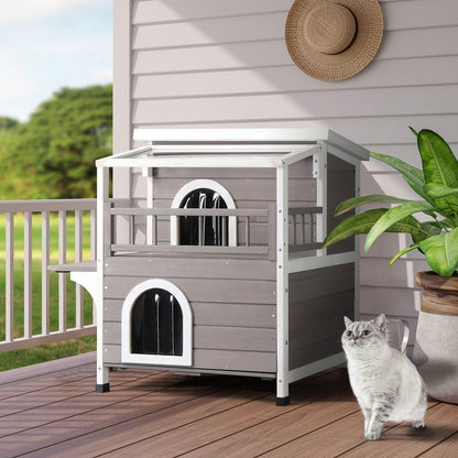 AHDECOR Wooden Cat house Wooden Cat house 2-Story Indoor Outdoor Luxurious Cat Shelter House with Transparent Canopy, Large Balcony, Openable Weatherproof Roof,Double escape door, Grey&White