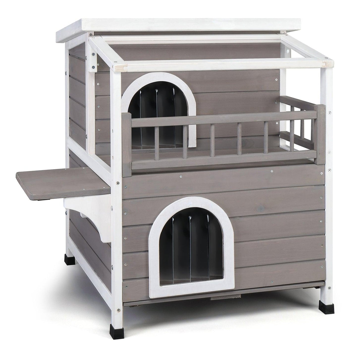 AHDECOR Wooden Cat house Wooden Cat house 2-Story Indoor Outdoor Luxurious Cat Shelter House with Transparent Canopy, Large Balcony, Openable Weatherproof Roof,Double escape door, Grey&White