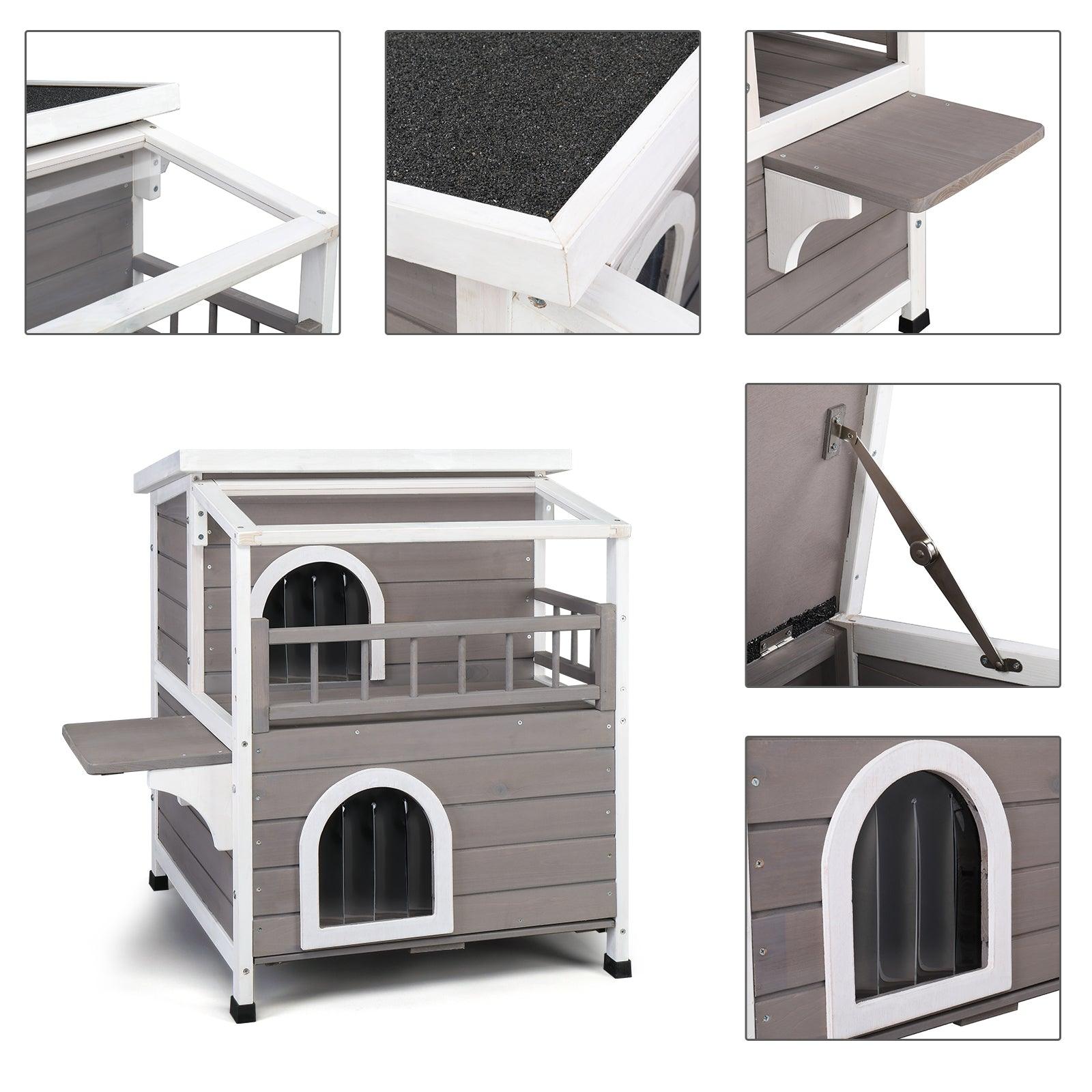 AHDECOR Wooden Cat house Wooden Cat house 2-Story Indoor Outdoor Luxurious Cat Shelter House with Transparent Canopy, Large Balcony, Openable Weatherproof Roof,Double escape door, Grey&White