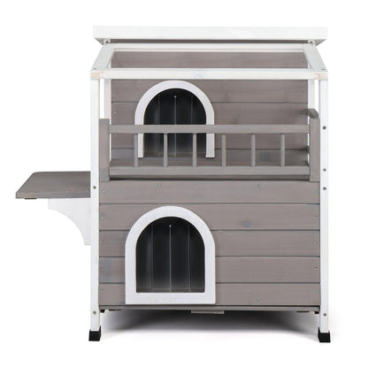 AHDECOR Wooden Cat house Wooden Cat house 2-Story Indoor Outdoor Luxurious Cat Shelter House with Transparent Canopy, Large Balcony, Openable Weatherproof Roof,Double escape door, Grey&White