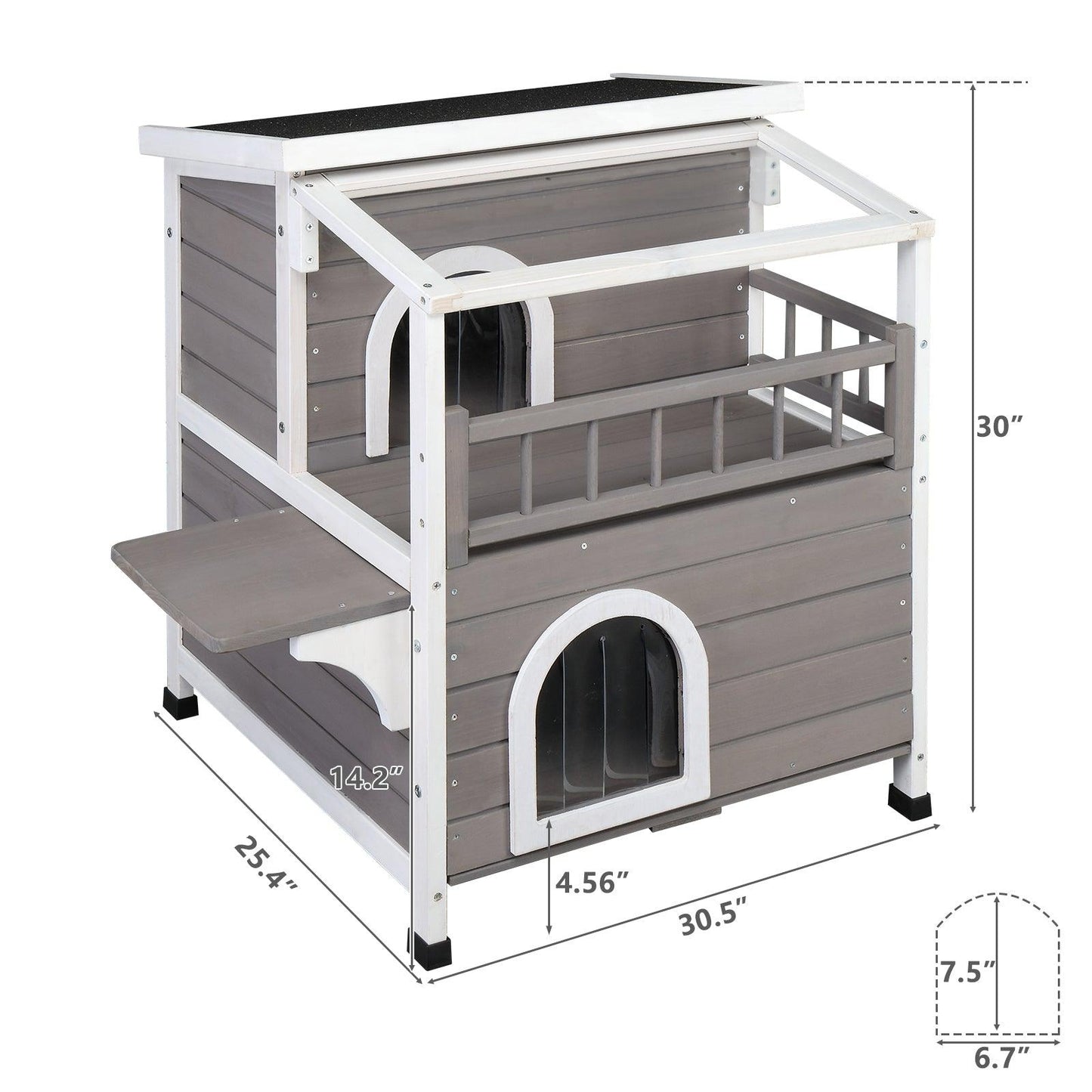 AHDECOR Wooden Cat house Wooden Cat house 2-Story Indoor Outdoor Luxurious Cat Shelter House with Transparent Canopy, Large Balcony, Openable Weatherproof Roof,Double escape door, Grey&White