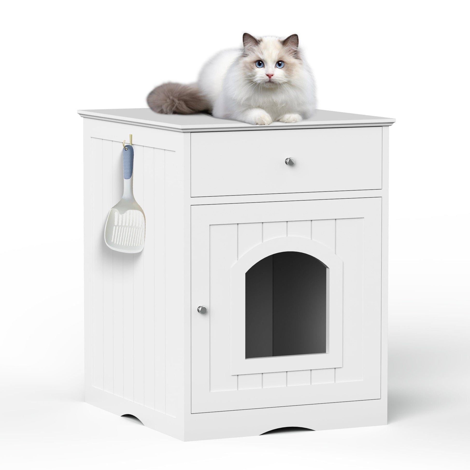 AHDECOR Wooden Pet House Cat Litter Box Enclosure with Drawer, Side Table, Indoor Pet Crate, Cat Home Nightstand (White)