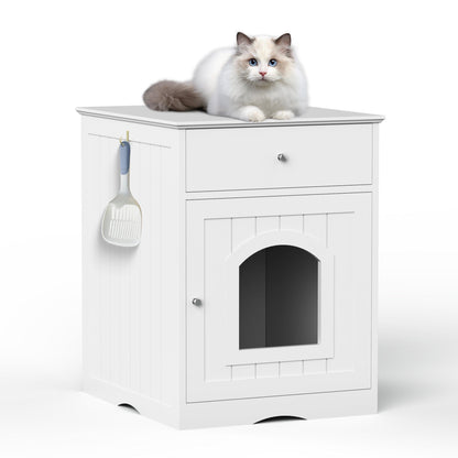 AHDECOR Wooden Pet House Cat Litter Box Enclosure with Drawer, Side Table, Indoor Pet Crate, Cat Home Nightstand (White)