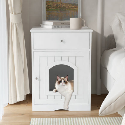 AHDECOR Wooden Pet House Cat Litter Box Enclosure with Drawer, Side Table, Indoor Pet Crate, Cat Home Nightstand (White)